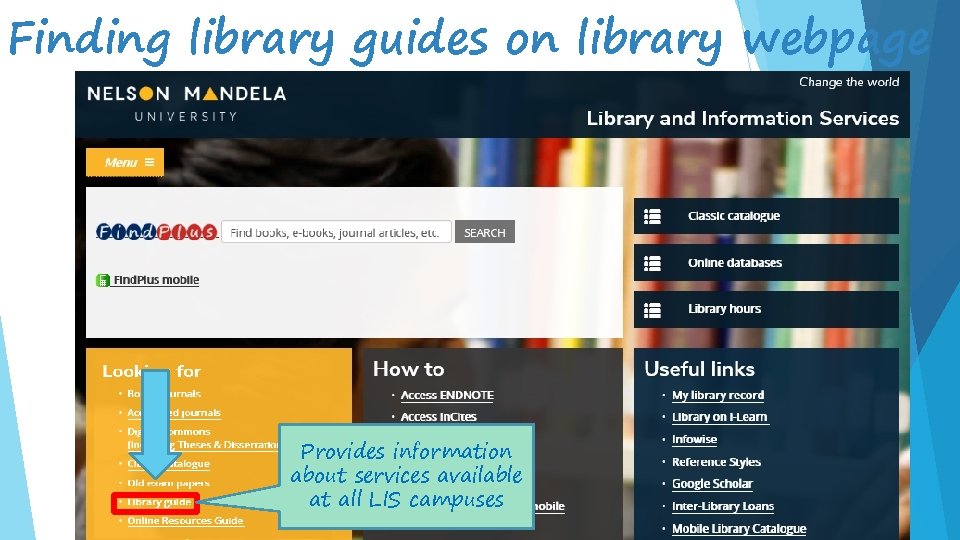 Finding library guides on library webpage Provides information about services available at all LIS