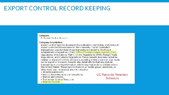 EXPORT CONTROL RECORD KEEPING 