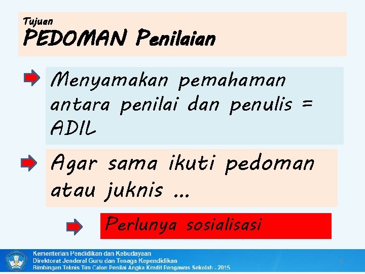 Tujuan PEDOMAN Penilaian Menyamakan pemahaman antara penilai dan penulis = ADIL Agar sama ikuti