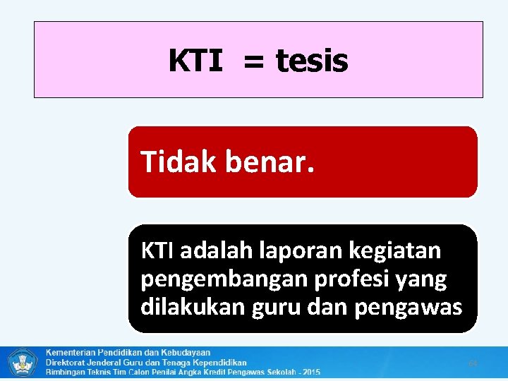 KTI = tesis Tidak benar. KTI adalah laporan kegiatan pengembangan profesi yang dilakukan guru