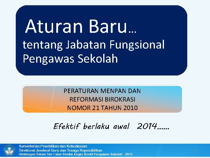 Aturan Baru… tentang Jabatan Fungsional Pengawas Sekolah PERATURAN MENPAN DAN REFORMASI BIROKRASI NOMOR 21