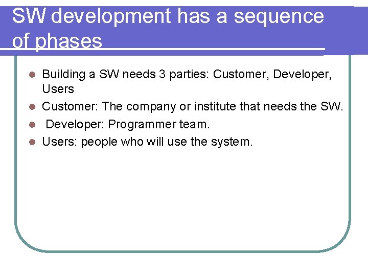 SW development has a sequence of phases Building a SW needs 3 parties: Customer, SW development has a sequence of phases Building a SW needs 3 parties: Customer,