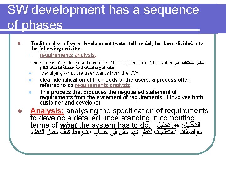 SW development has a sequence of phases l Traditionally software development (water fall model) SW development has a sequence of phases l Traditionally software development (water fall model)