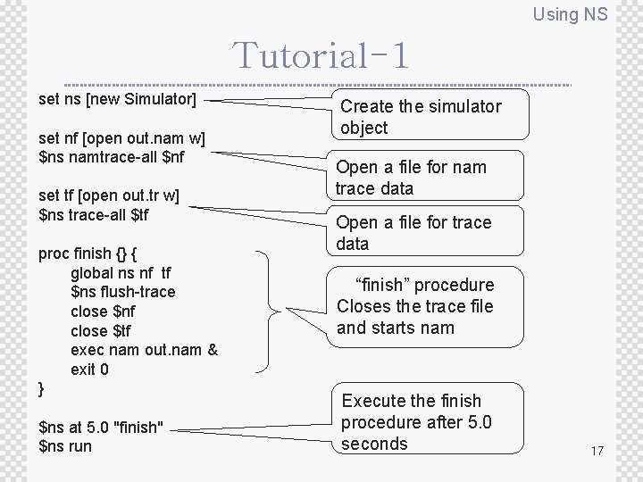 Using NS Tutorial-1 set ns [new Simulator] set nf [open out. nam w] $ns