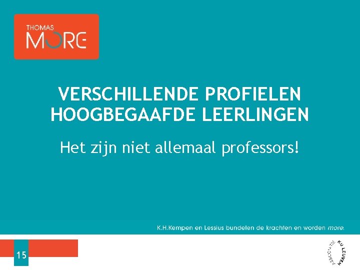 VERSCHILLENDE PROFIELEN HOOGBEGAAFDE LEERLINGEN Het zijn niet allemaal professors! 15 