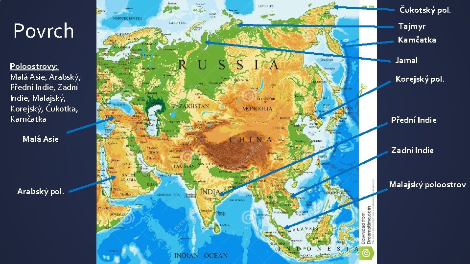 Čukotský pol. Povrch Poloostrovy: Malá Asie, Arabský, Přední Indie, Zadní Indie, Malajský, Korejský, Čukotka,