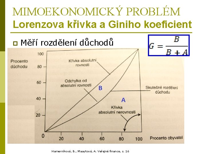 MIMOEKONOMICKÝ PROBLÉM Lorenzova křivka a Giniho koeficient p Měří rozdělení důchodů Hamerníková, B. ,
