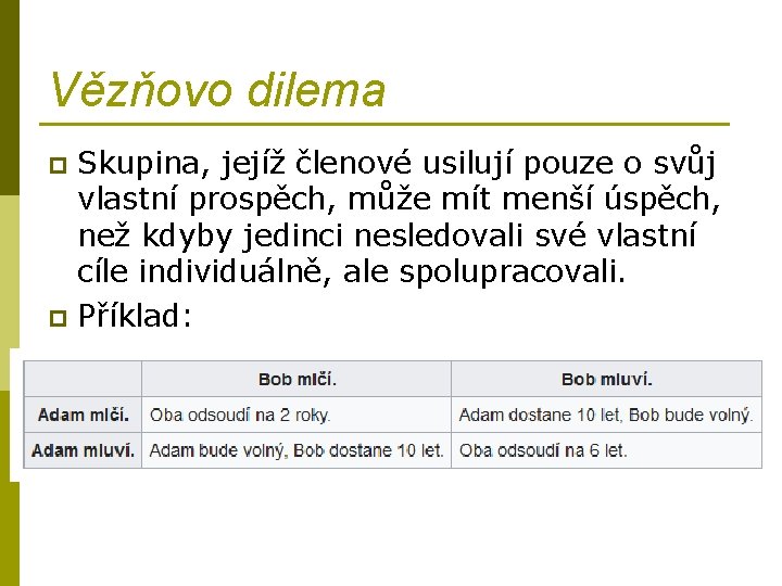 Vězňovo dilema Skupina, jejíž členové usilují pouze o svůj vlastní prospěch, může mít menší