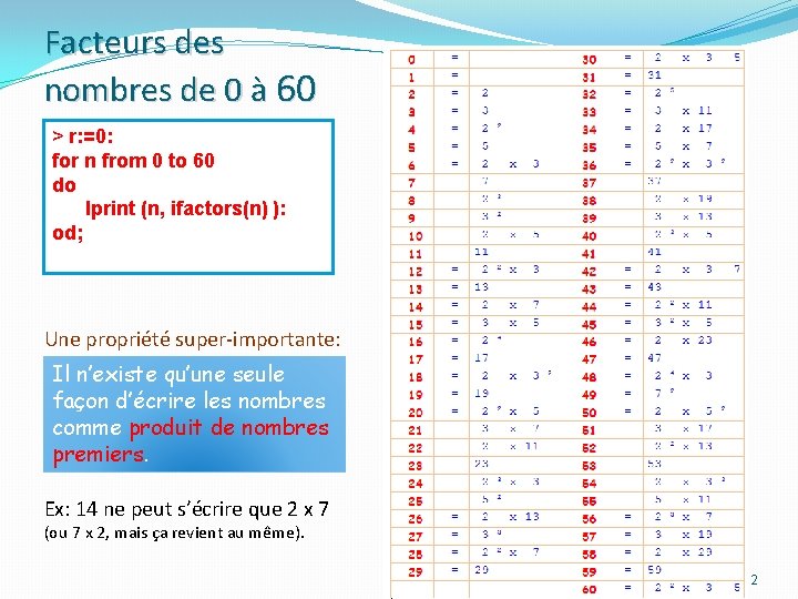 Facteurs des nombres de 0 à 60 > r: =0: for n from 0