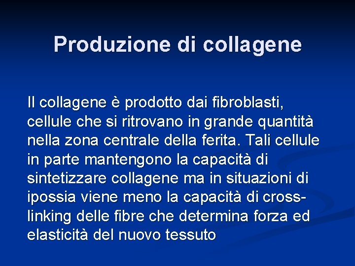 Produzione di collagene Il collagene è prodotto dai fibroblasti, cellule che si ritrovano in