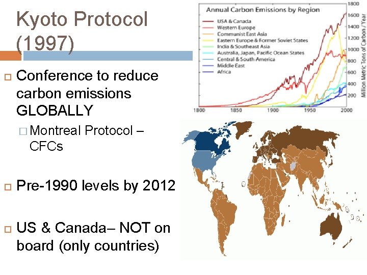 Kyoto Protocol (1997) Conference to reduce carbon emissions GLOBALLY � Montreal Protocol – CFCs