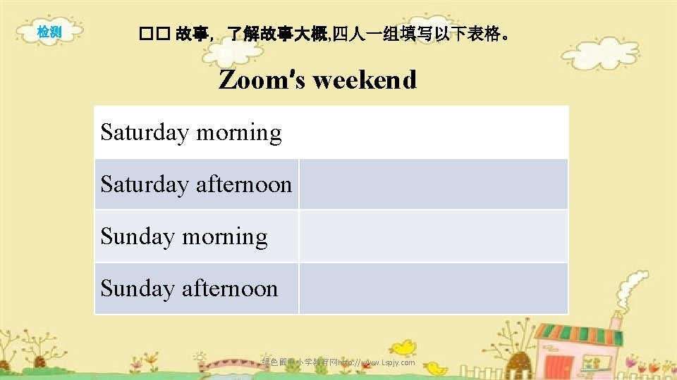 检测 �� 故事，了解故事大概, 四人一组填写以下表格。 Zoom’s weekend Saturday morning Saturday afternoon Sunday morning Sunday afternoon