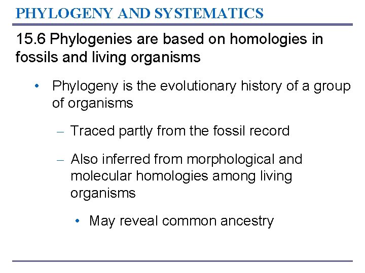 PHYLOGENY AND SYSTEMATICS 15. 6 Phylogenies are based on homologies in fossils and living