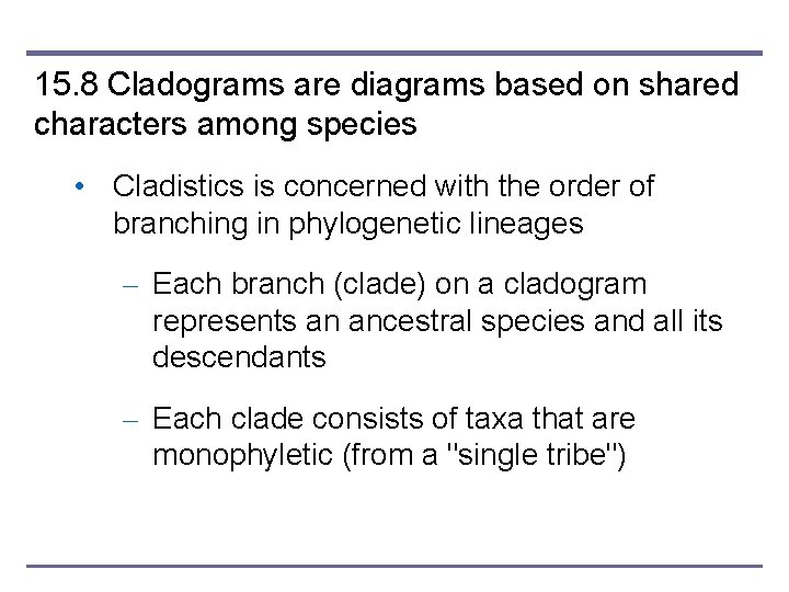 15. 8 Cladograms are diagrams based on shared characters among species • Cladistics is