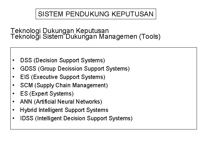 SISTEM PENDUKUNG KEPUTUSAN Teknologi Dukungan Keputusan Teknologi Sistem Dukungan Managemen (Tools) • • DSS