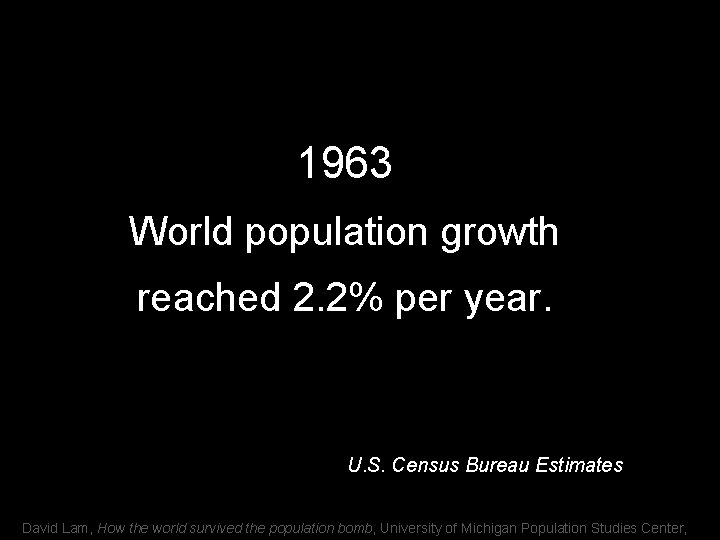 1963 World population growth reached 2. 2% per year. U. S. Census Bureau Estimates