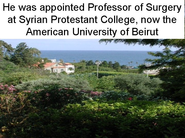 He was appointed Professor of Surgery at Syrian Protestant College, now the American University