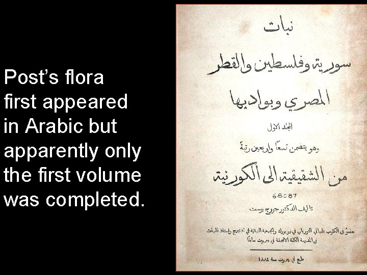 Post’s flora first appeared in Arabic but apparently only the first volume was completed.