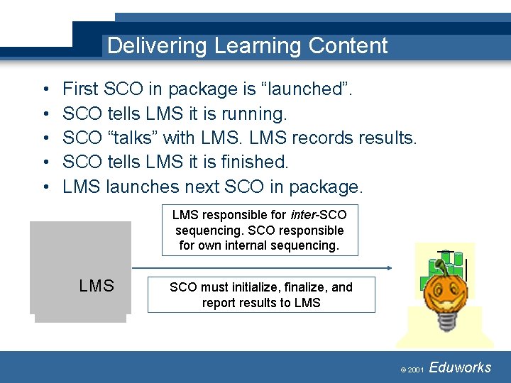 Delivering Learning Content • • • First SCO in package is “launched”. SCO tells Delivering Learning Content • • • First SCO in package is “launched”. SCO tells