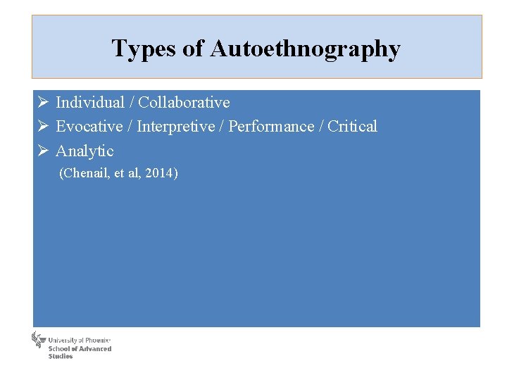 Types of Autoethnography Ø Individual / Collaborative Ø Evocative / Interpretive / Performance /
