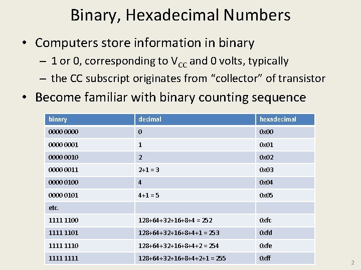 Binary, Hexadecimal Numbers • Computers store information in binary – 1 or 0, corresponding
