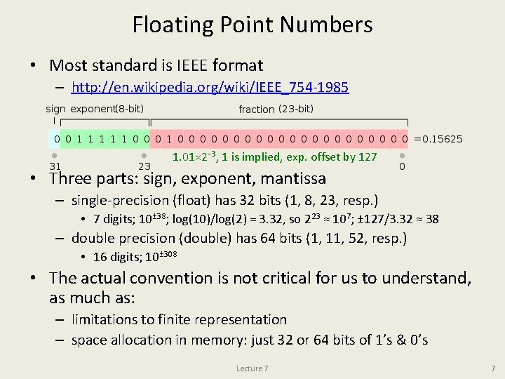 Floating Point Numbers • Most standard is IEEE format – http: //en. wikipedia. org/wiki/IEEE_754