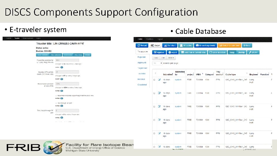 DISCS Components Support Configuration • E-traveler system • Cable Database L. T. Hoff ,