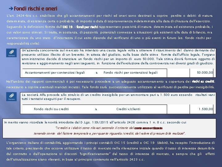  Fondi rischi e oneri L’art. 2424 -bis c. c. stabilisce che gli accantonamenti