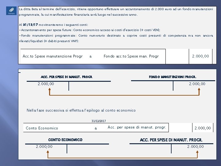 La ditta Beta al termine dell’esercizio, ritiene opportuno effettuare un accantonamento di 2. 000