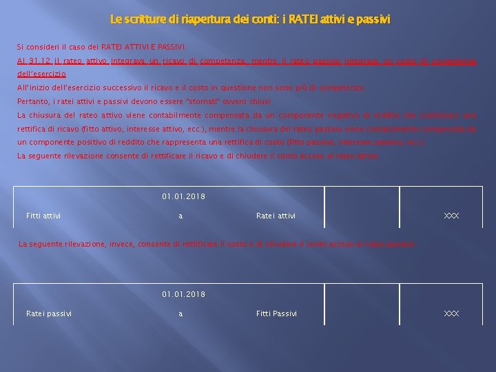 Le scritture di riapertura dei conti: i RATEI attivi e passivi Si consideri il