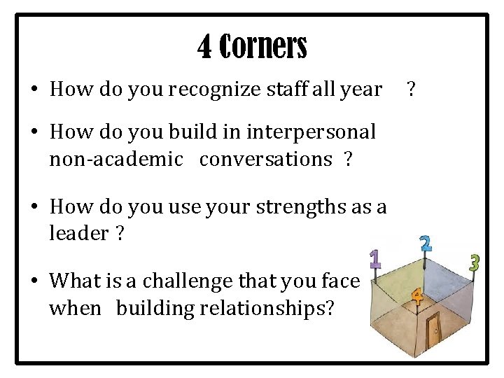 4 Corners • How do you recognize staff all year • How do you