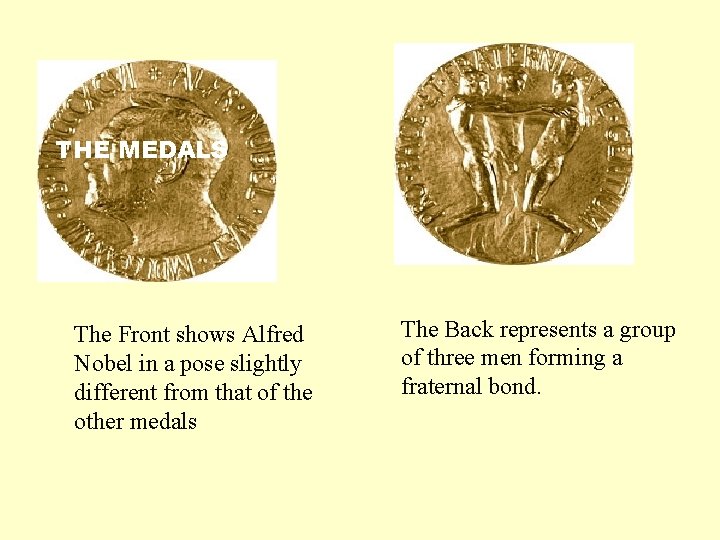 THE MEDALS The Front shows Alfred Nobel in a pose slightly different from that