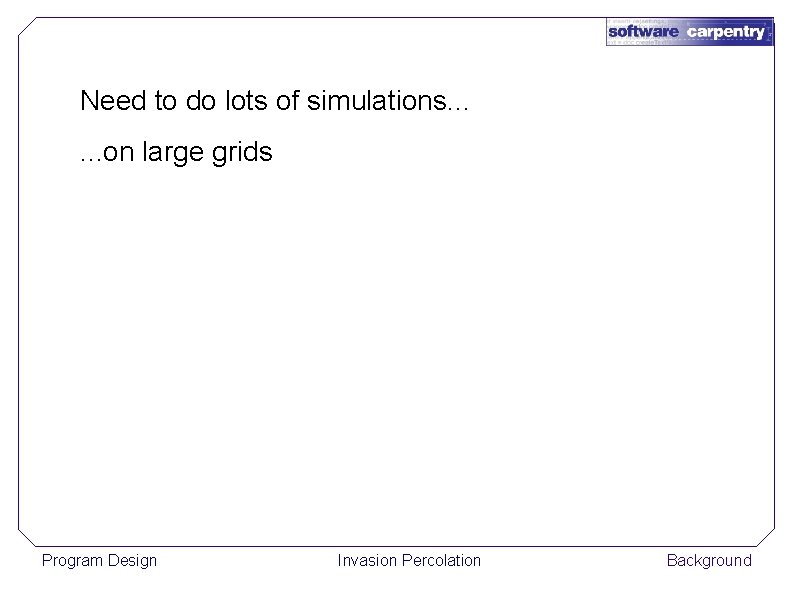 Need to do lots of simulations. . . on large grids Program Design Invasion
