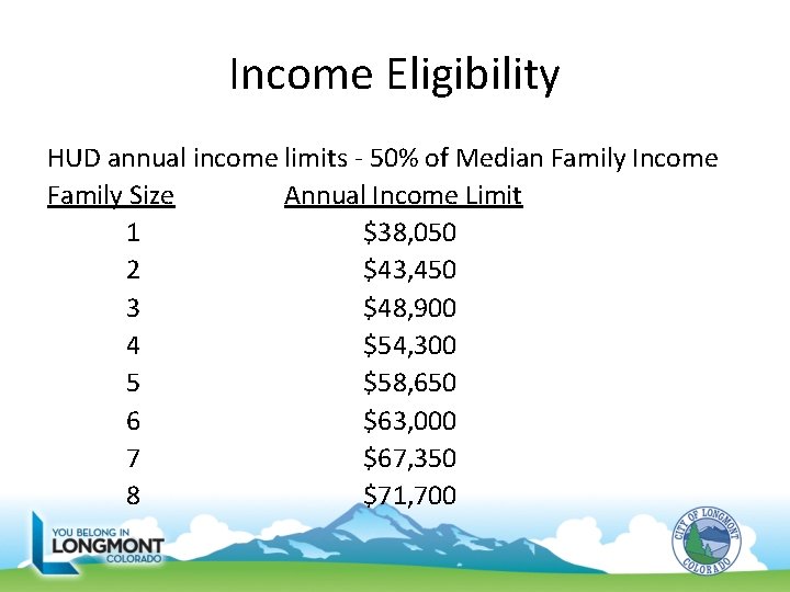 Income Eligibility HUD annual income limits - 50% of Median Family Income Family Size