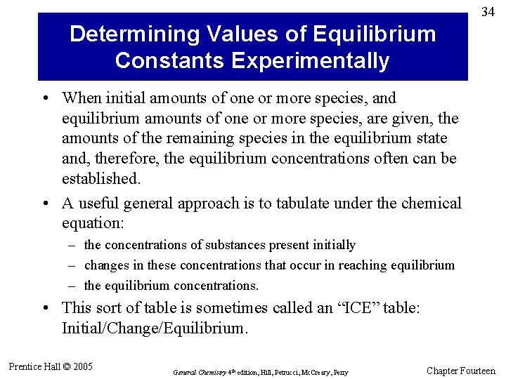 34 Determining Values of Equilibrium Constants Experimentally • When initial amounts of one or