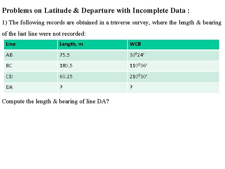 Problems on Latitude & Departure with Incomplete Data : 1) The following records are