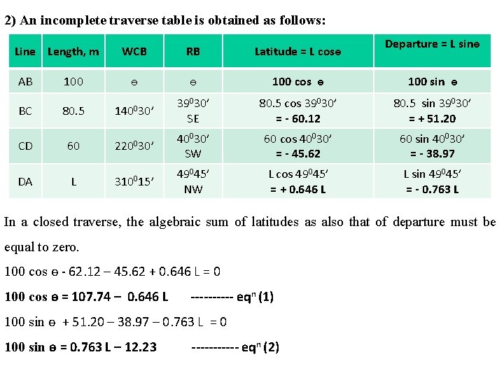 2) An incomplete traverse table is obtained as follows: Line Length, m AB BC