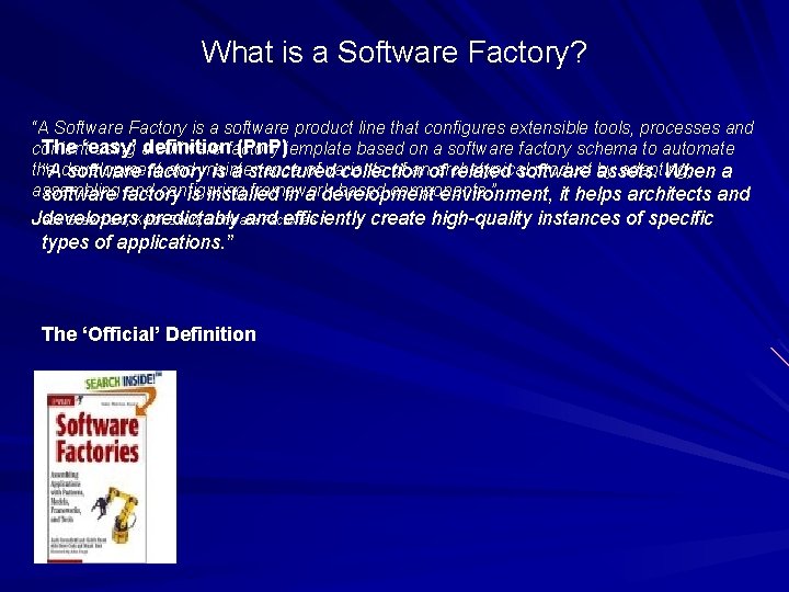 What is a Software Factory? “A Software Factory is a software product line that