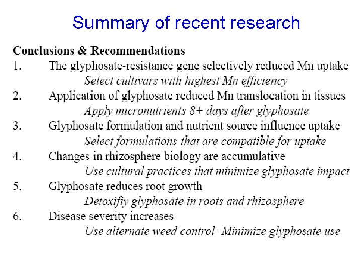 Summary of recent research 