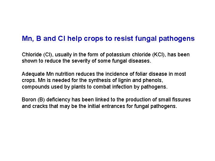Mn, B and Cl help crops to resist fungal pathogens Chloride (Cl), usually in