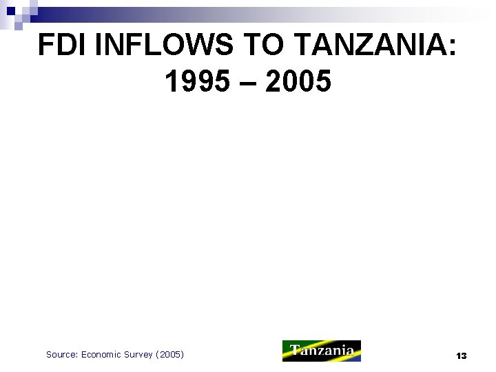 FDI INFLOWS TO TANZANIA: 1995 – 2005 Source: Economic Survey (2005) 13 