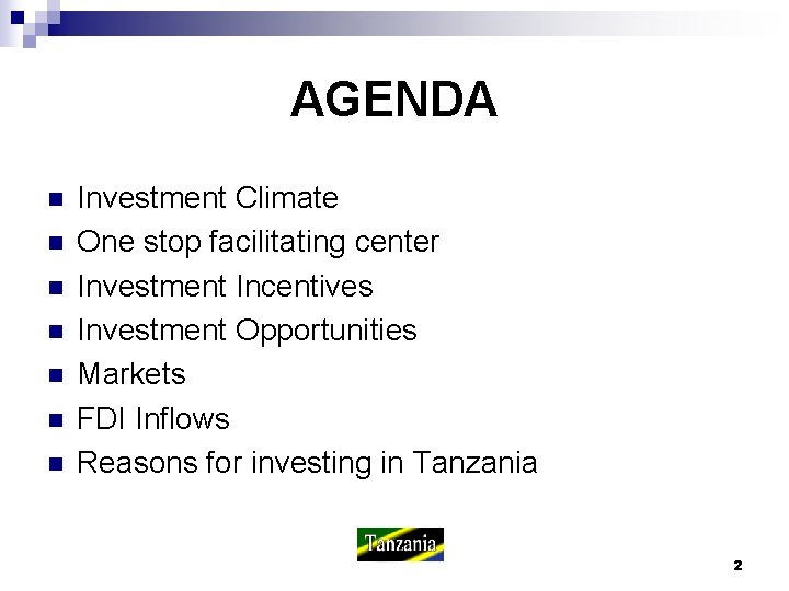 AGENDA n n n n Investment Climate One stop facilitating center Investment Incentives Investment