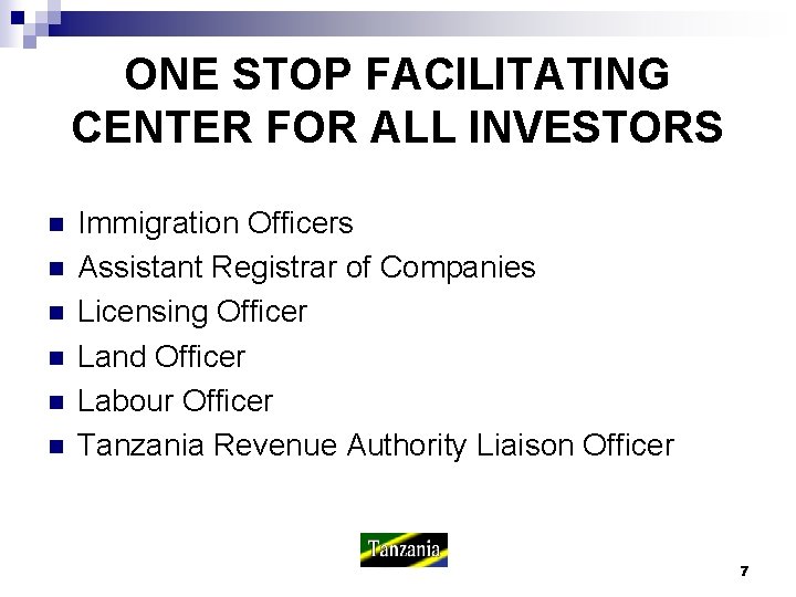 ONE STOP FACILITATING CENTER FOR ALL INVESTORS n n n Immigration Officers Assistant Registrar