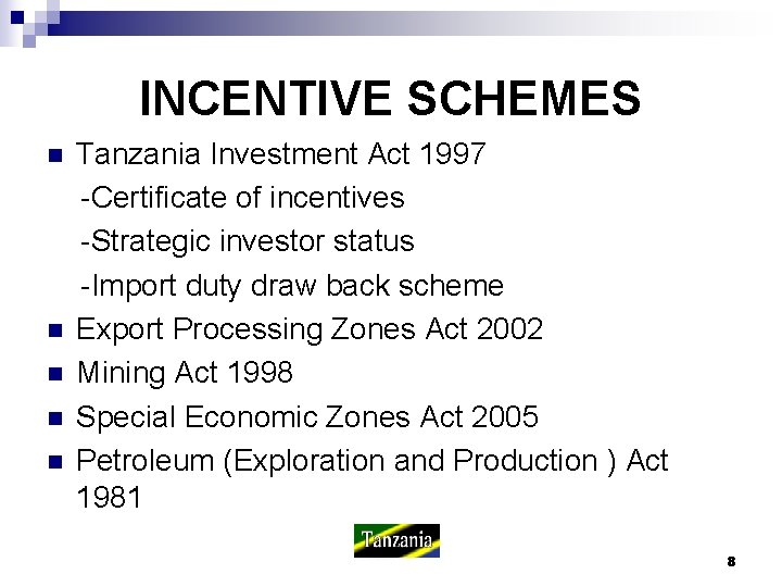 INCENTIVE SCHEMES n n n Tanzania Investment Act 1997 -Certificate of incentives -Strategic investor