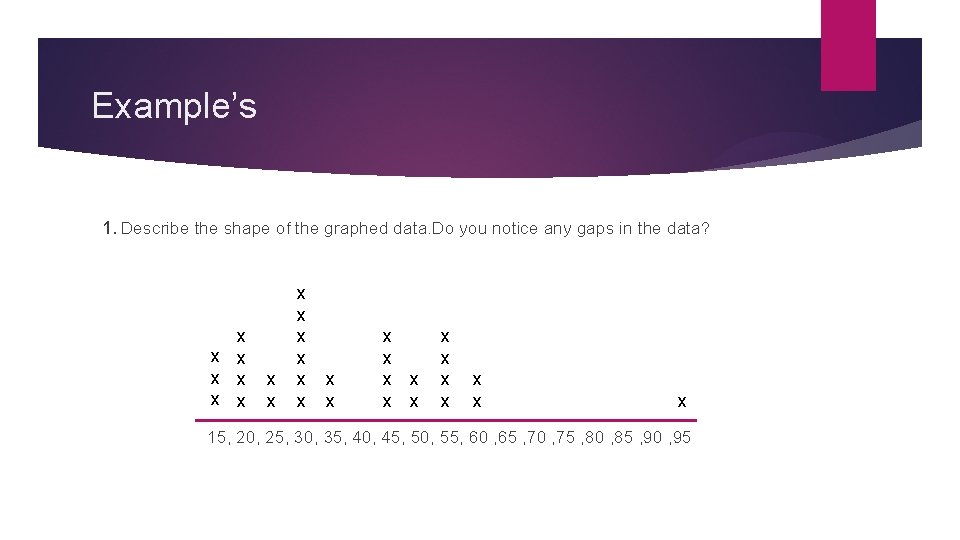 Example’s 1. Describe the shape of the graphed data. Do you notice any gaps