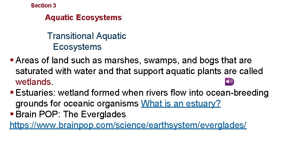 Section 3 Communities, Biomes, and Ecosystems Aquatic Ecosystems Transitional Aquatic Ecosystems § Areas of