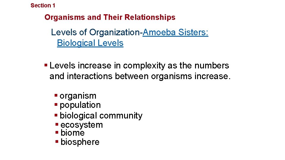 Section 1 Principles of Ecology Organisms and Their Relationships Levels of Organization-Amoeba Sisters: Biological