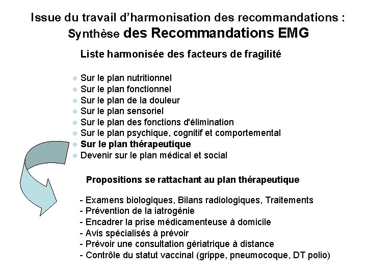Issue du travail d’harmonisation des recommandations : Synthèse des Recommandations EMG Liste harmonisée des
