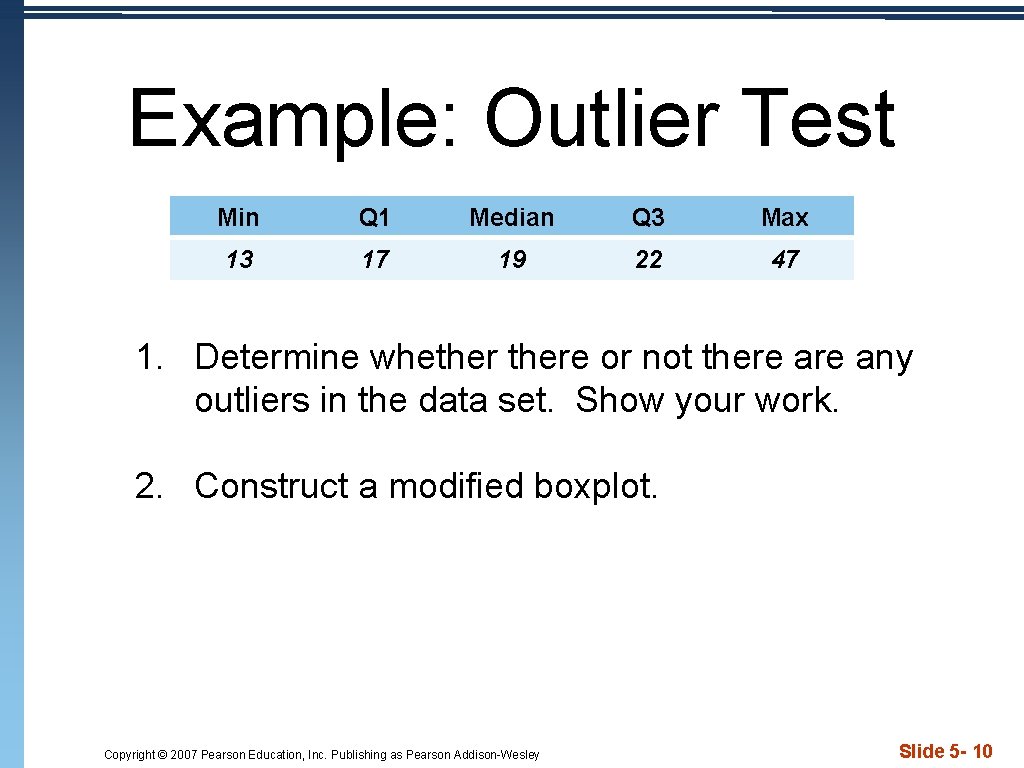 Example: Outlier Test Min Q 1 Median Q 3 Max 13 17 19 22