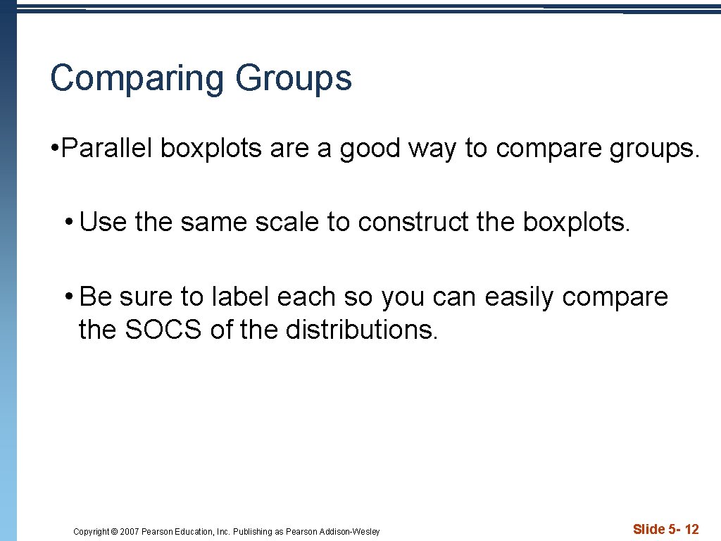 Comparing Groups • Parallel boxplots are a good way to compare groups. • Use
